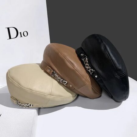 metal chain Leather beret hat Men and women